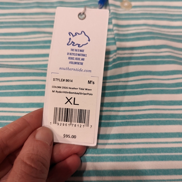 Men's Striped Polo Shirt - Teal and White - Picture 5 of 7